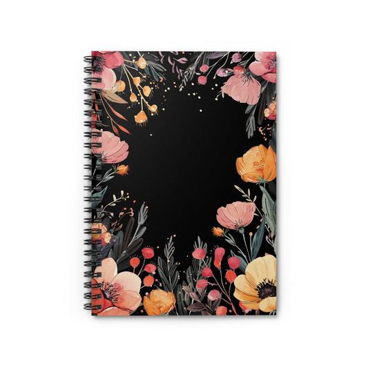 Watercolor Floral Design on Black Canvas Spiral Notebook - Ruled Line