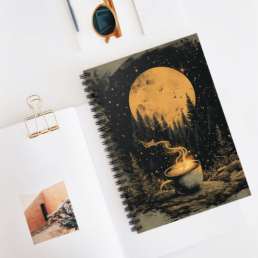 Mystical Moonlight Coffee Cup Themed Spiral Notebook - Ruled Line